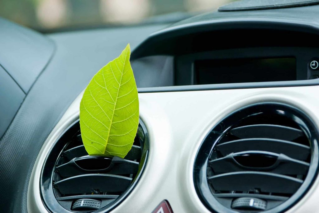 leaf placed in car air conditioning vent to illustrate clean air