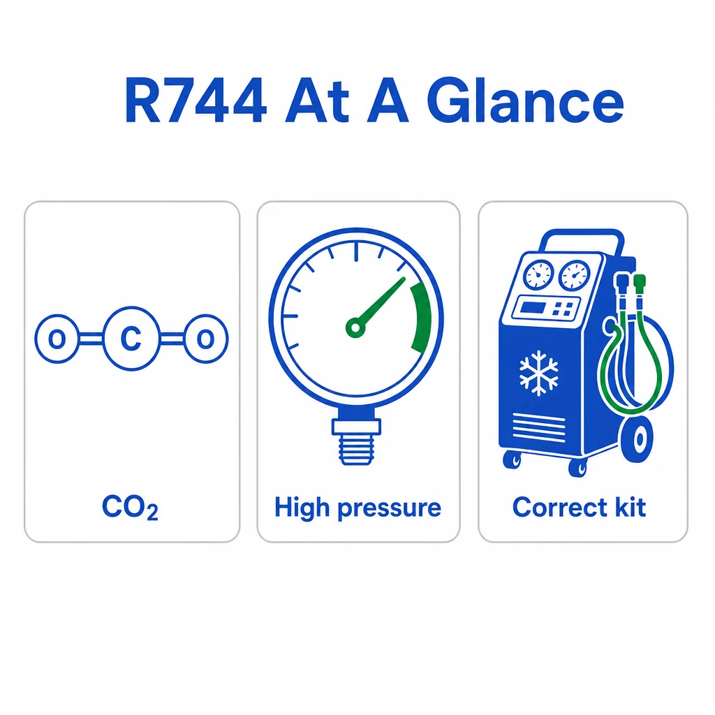 Graphic explaining R744 as CO2 refrigerant needing high pressure and correct equipment.