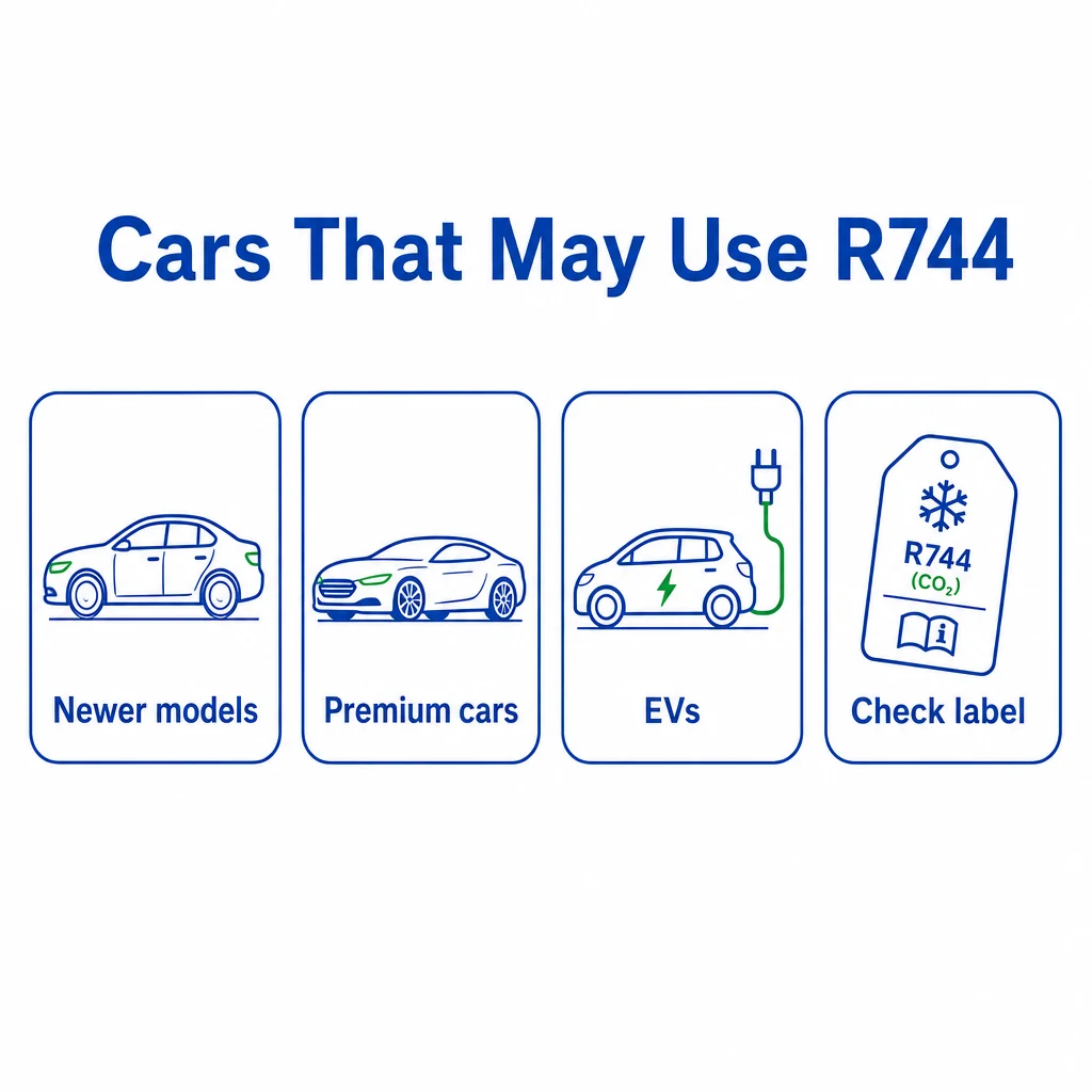 Graphic showing newer models, premium cars and electric vehicles may use R744.