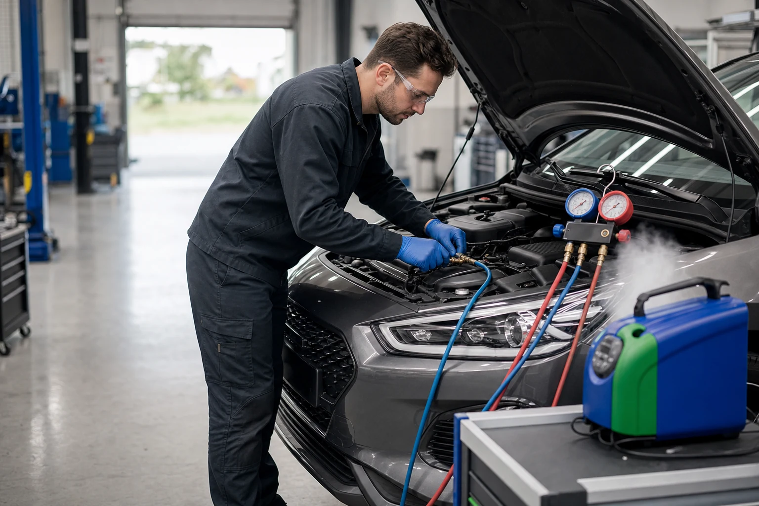 Technician checking a car air conditioning system with gauges and service equipment.