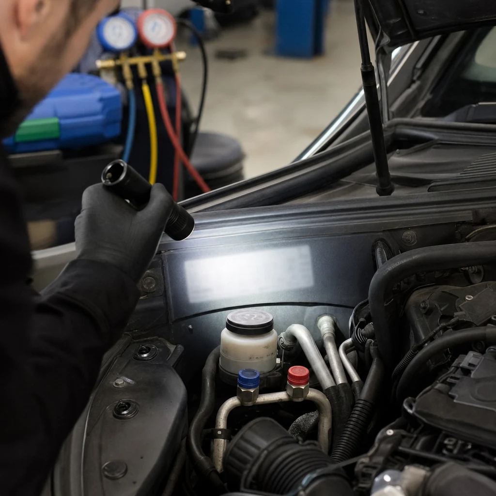 Technician checking an under-bonnet air conditioning label before servicing.