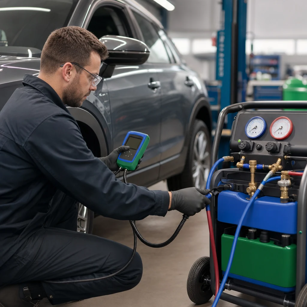 Technician using refrigerant identification equipment before recharging car air conditioning.