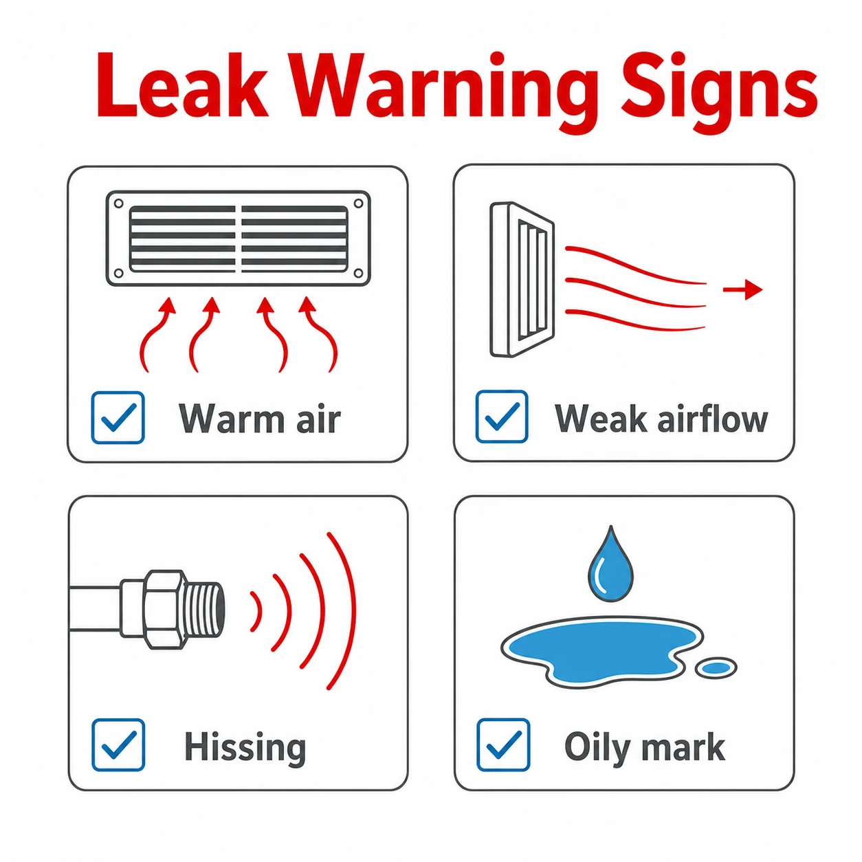 Checklist of common car air con leak warning signs