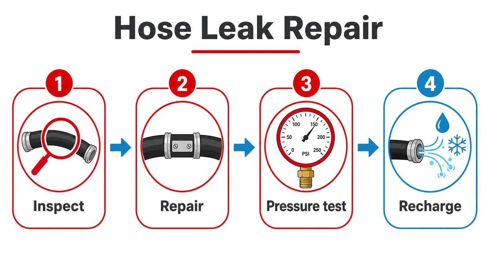 Four step graphic showing specialist air con hose leak repair