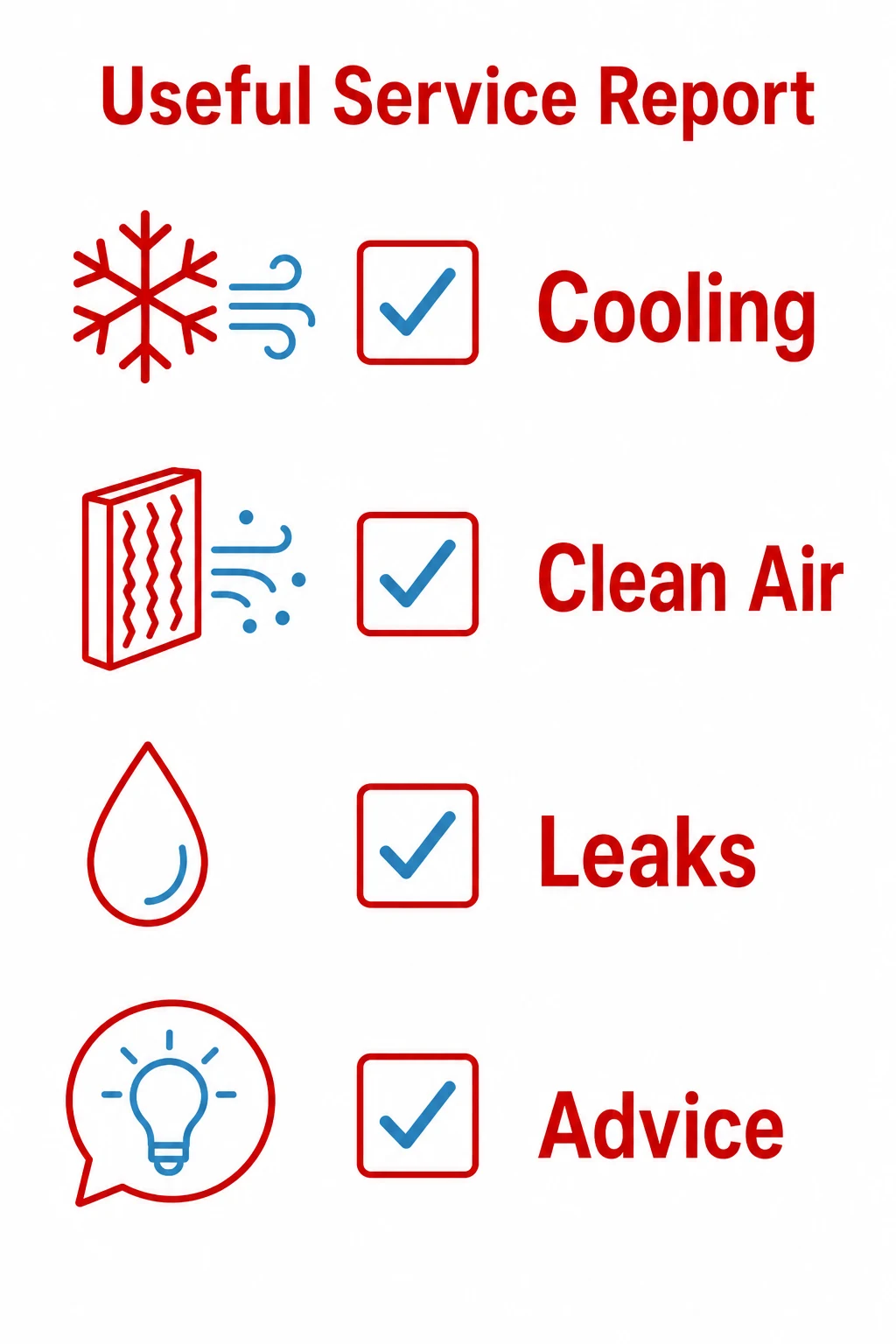 Checklist graphic summarising cooling, clean air, leaks and service advice