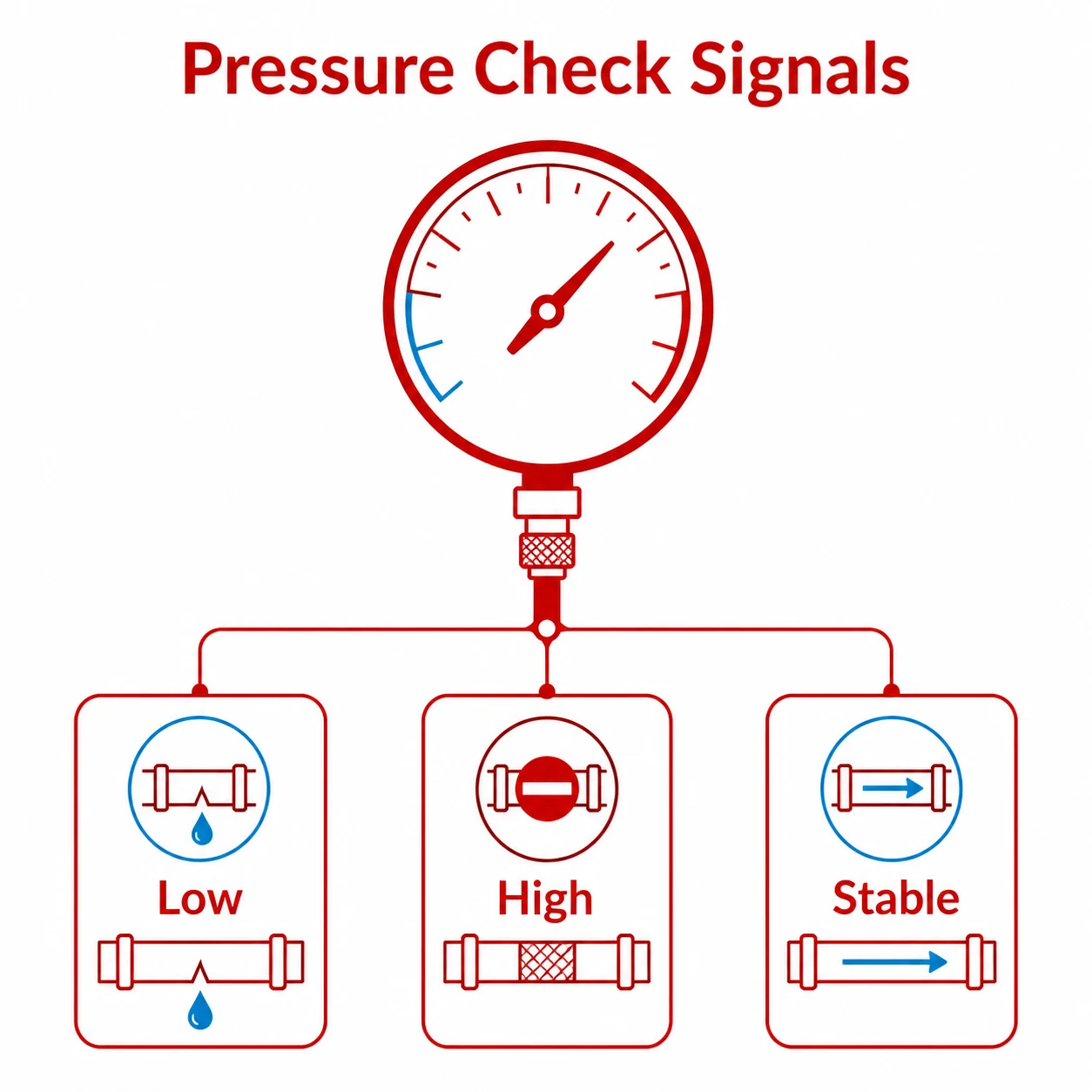 Graphic showing air conditioning pressure readings for low, high and stable signals