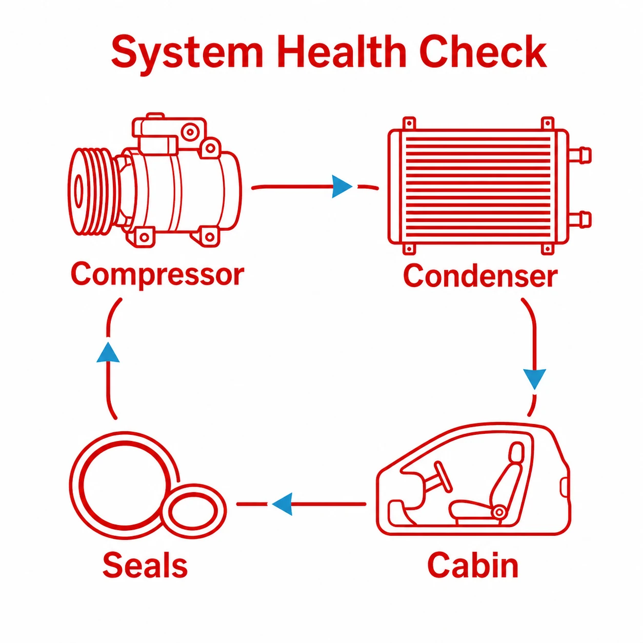 Graphic showing key car air conditioning components checked during servicing